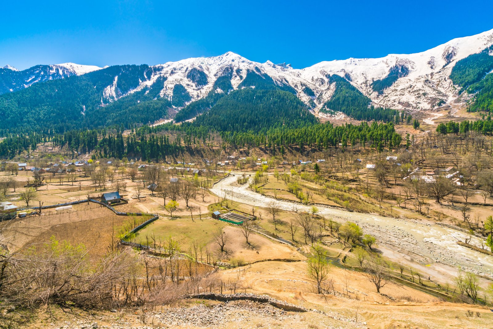 Beautiful  River and snow covered mountains landscape Kashmir state, India